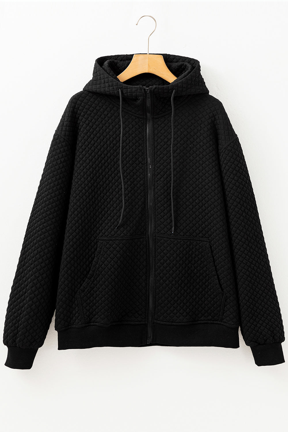Quilted Side Pockets Zip Hooded Jacket in Black