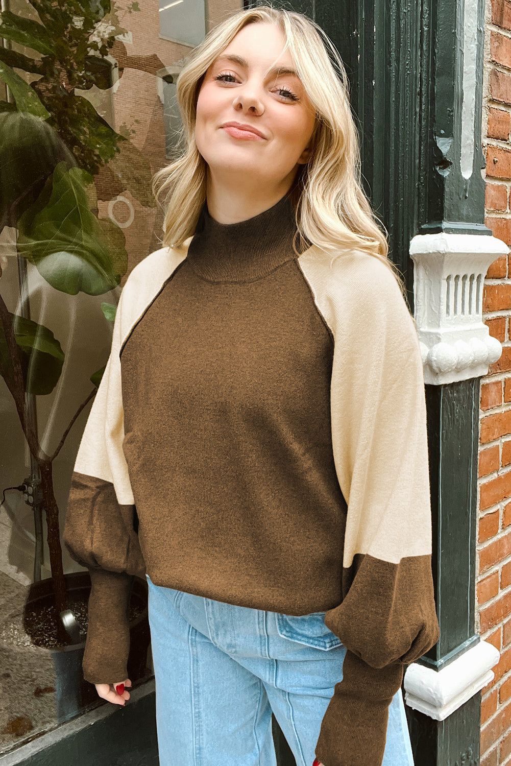 Raglan Puff Colorblock Puff Sleeve Mock-Neck Knit Top