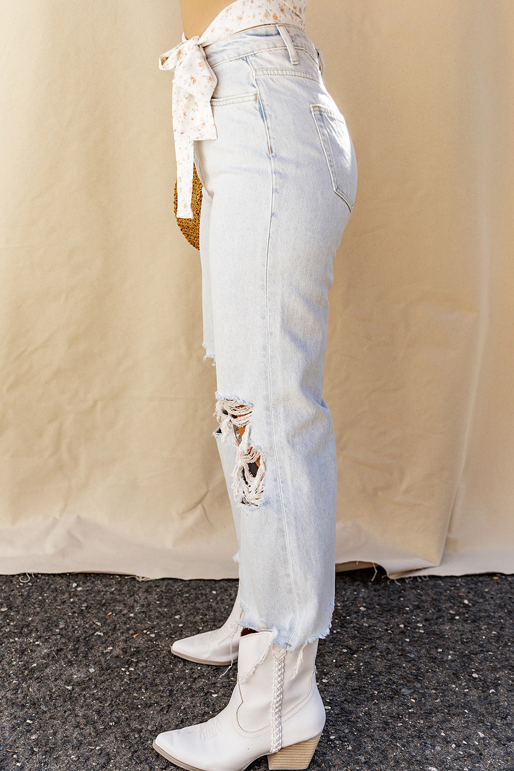Women's Jeans with Ripped Frayed Straight High Rise