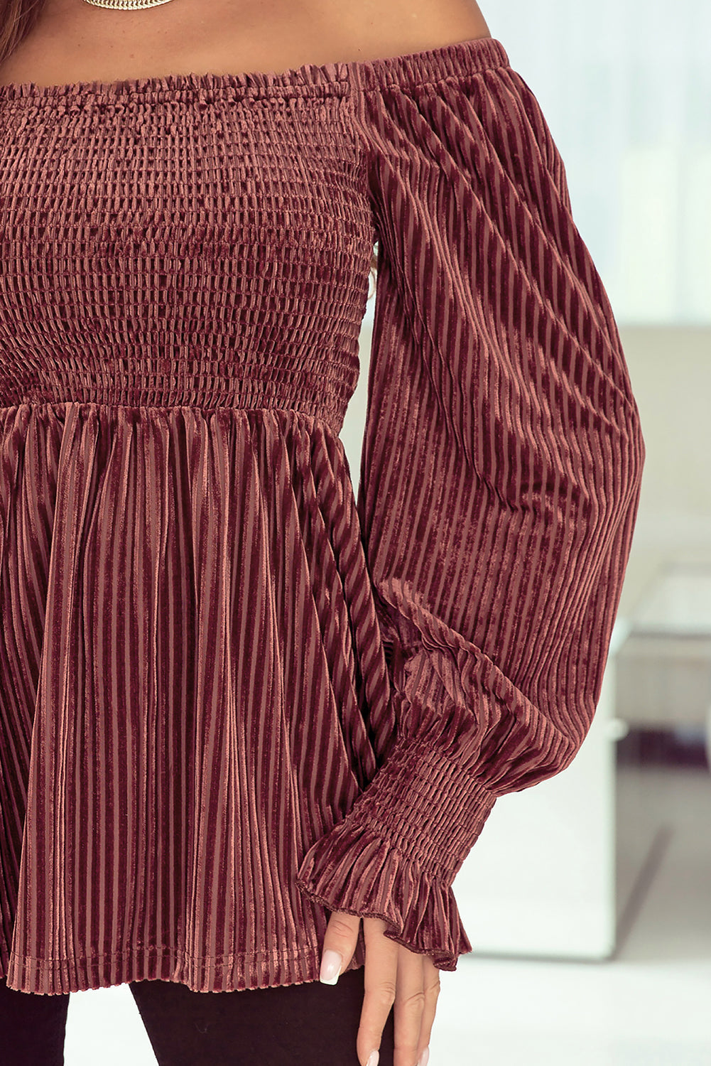 Babydoll Top for Women Shirred Rib-Knitted Velvet