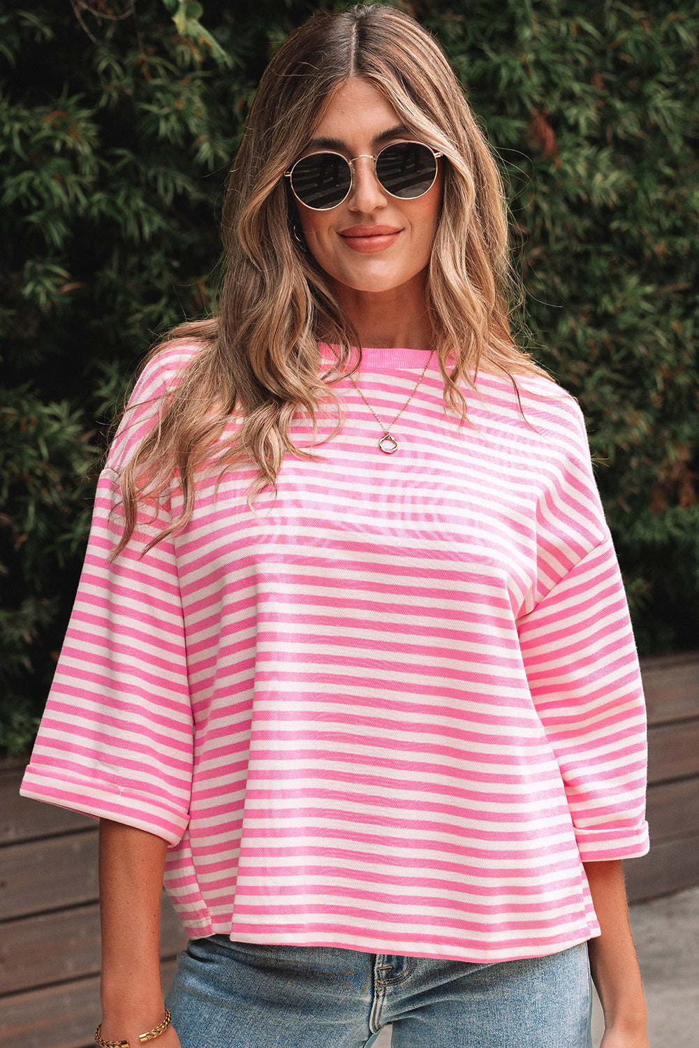 Back Bowknot Cutout Drop-Shoulder Wide Bracelet Sleeve Loose Tee
