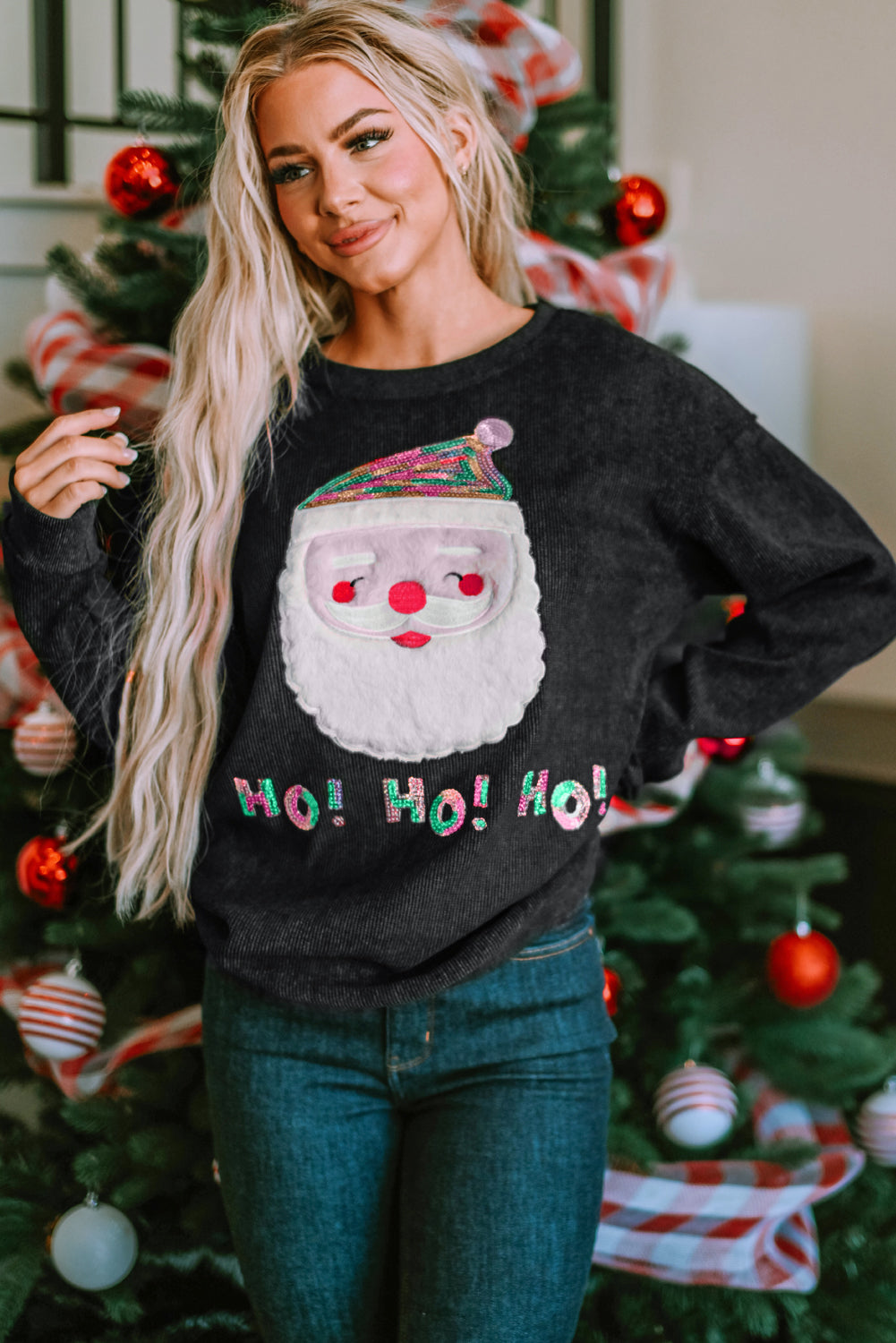 Graphic Sweatshirt for Women Santa Claus Sequin HO HO HO