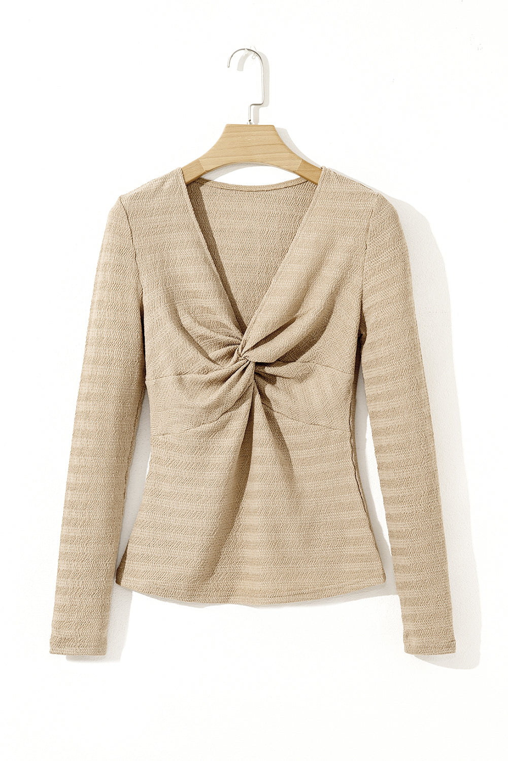 Pale Long-Sleeved Khaki V-Neck Slim Solid Top