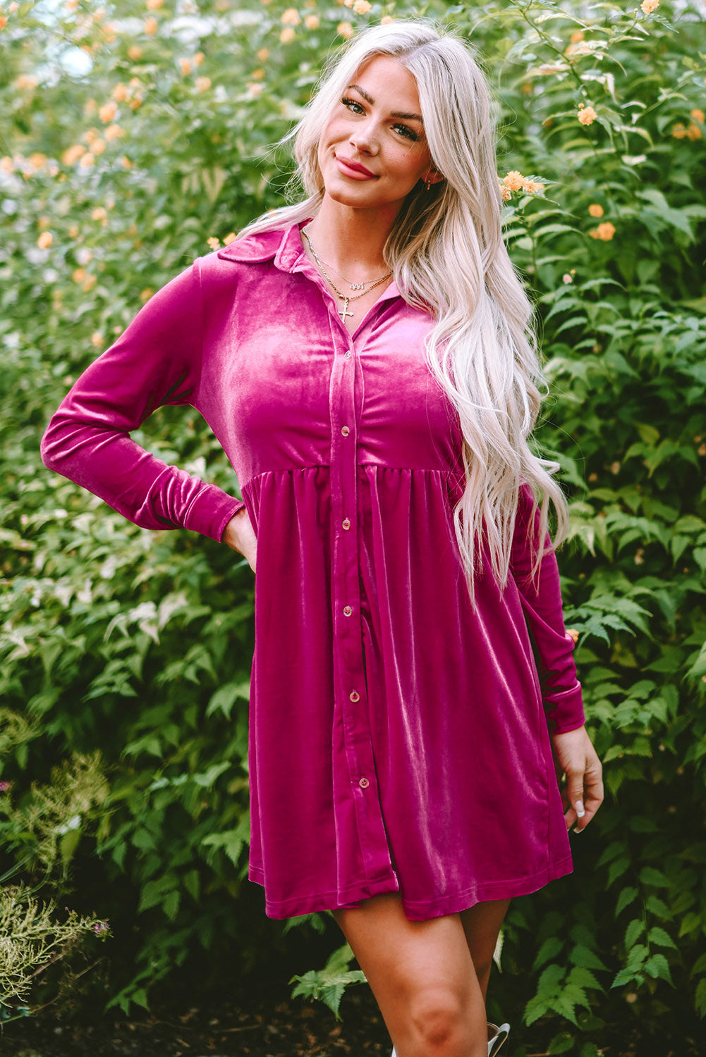 Women's Button Up Ruffle-Trimmed Velvet Dress