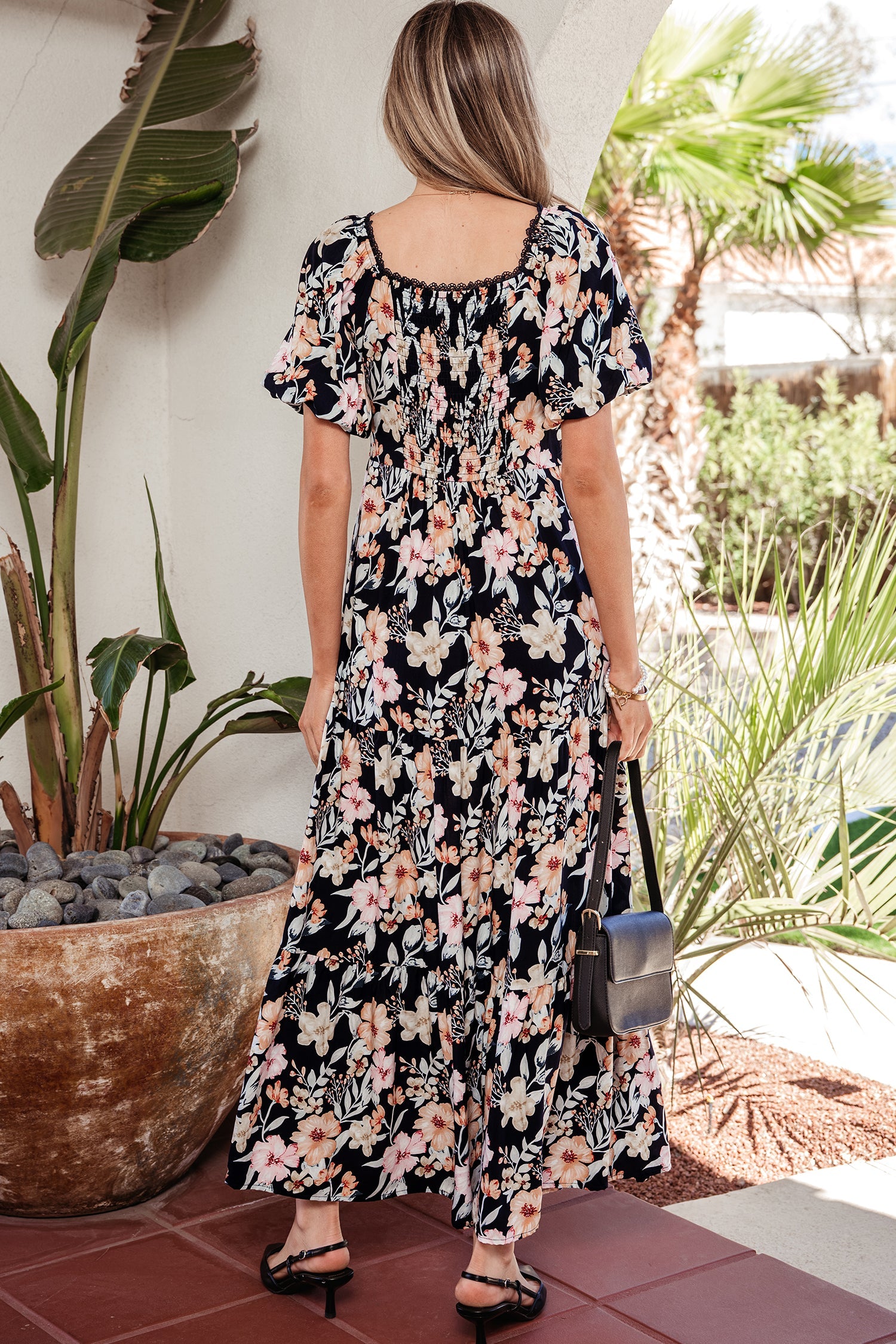 Short-Sleeved High-Waisted Smocked Detail Floral Maxi Dress