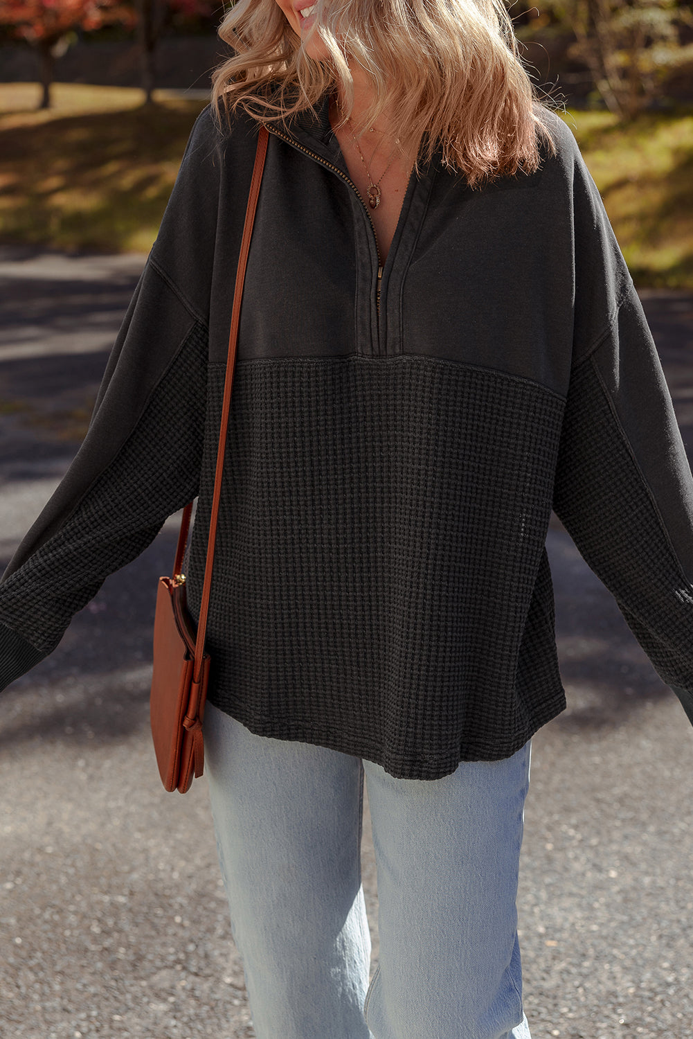 Waffle Half Knit Patchwork Zip Everyday Sweatshirt