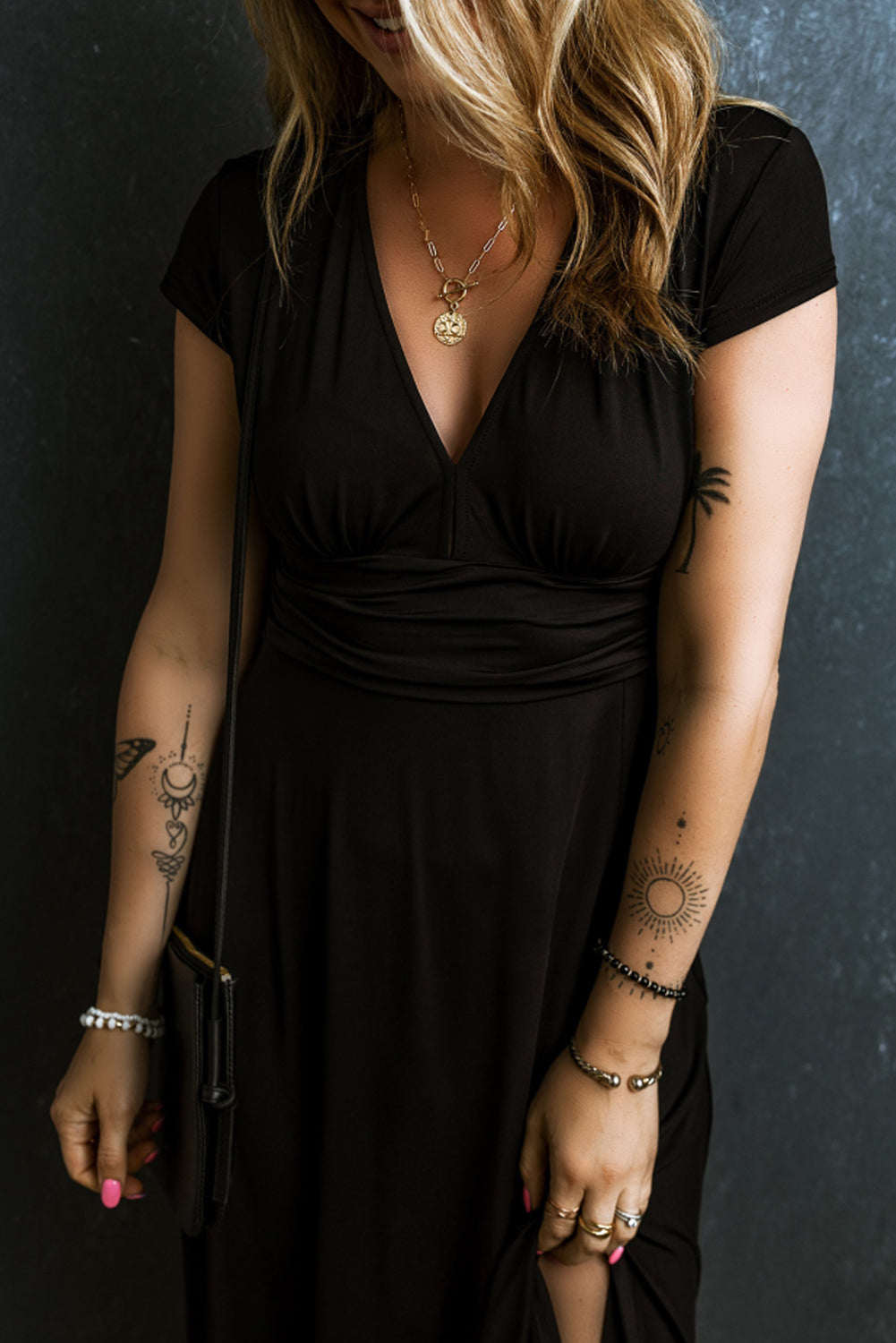 Women's Maxi Dress with Shirred High-Rise V Neck