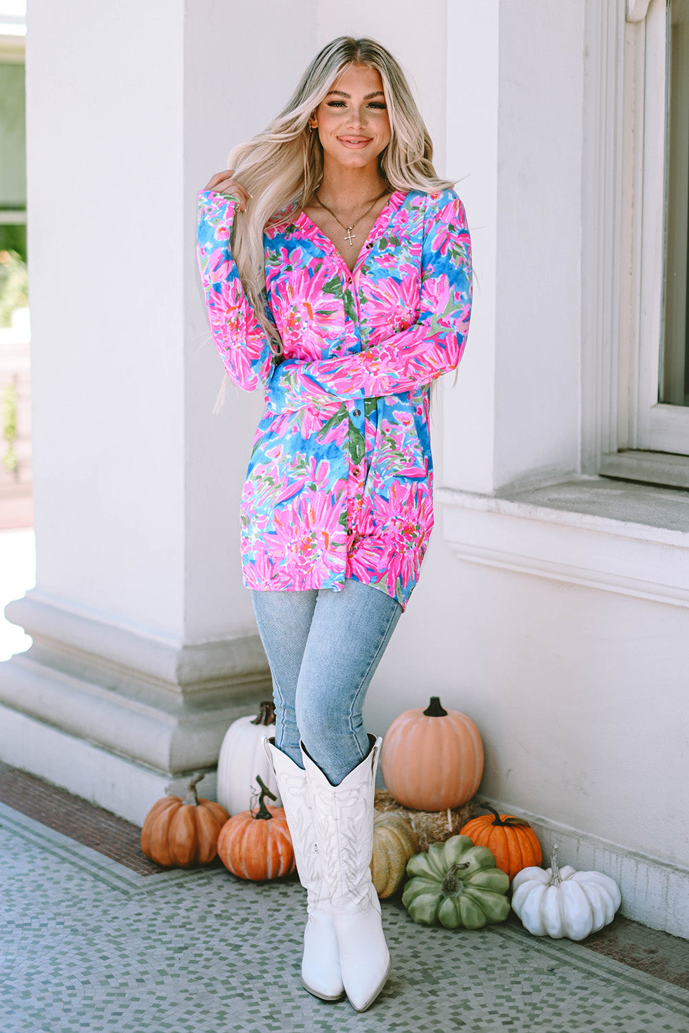 Cardigan for Women Flower Long-Sleeve Button Up