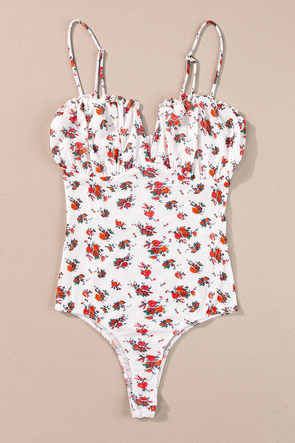 Women's Bodysuit Featuring Floral-Print V Cut Frill-Trimmed Trim Straps