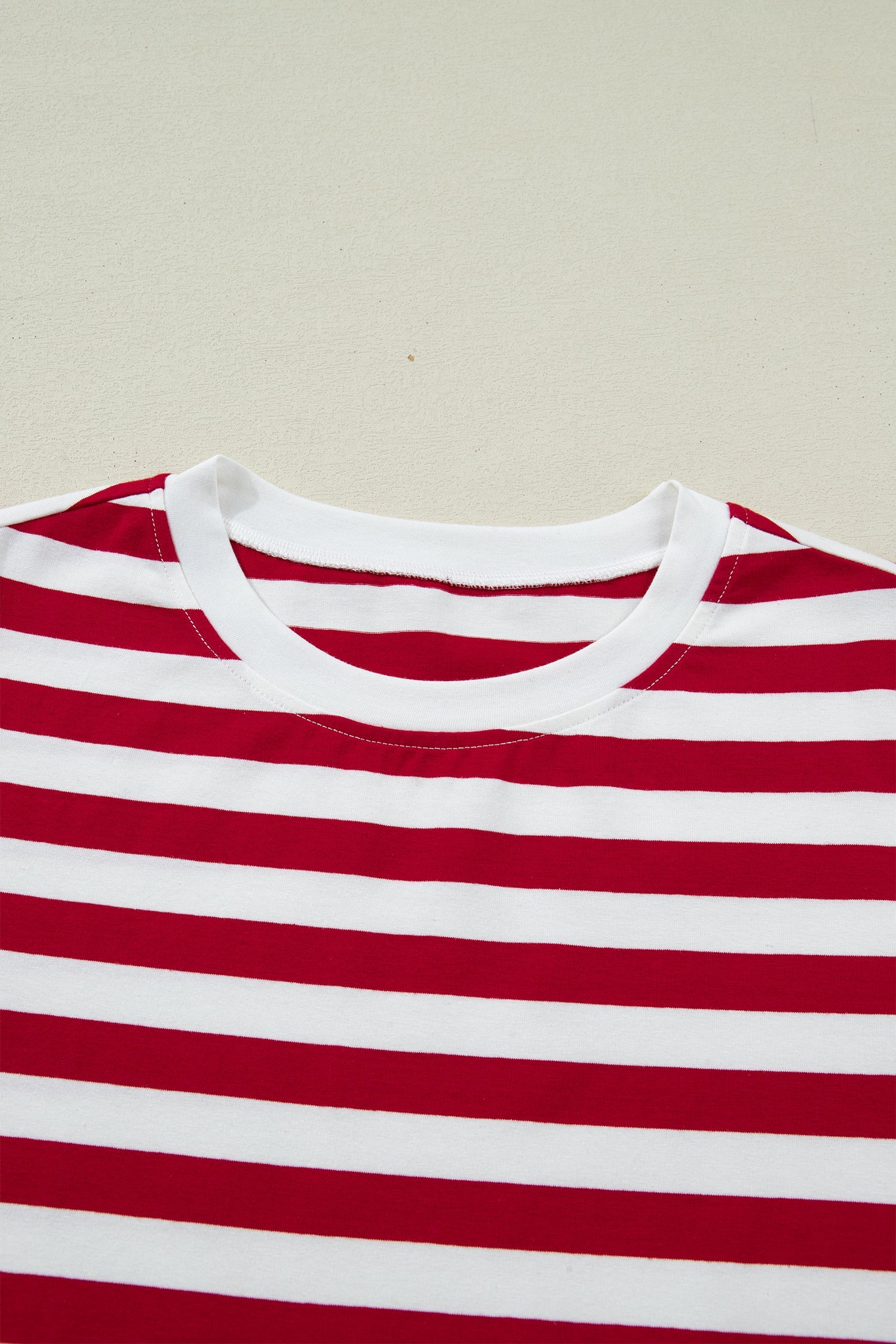 Stripe Patchwork Round-Neck Short-Sleeved T Shirt in Red