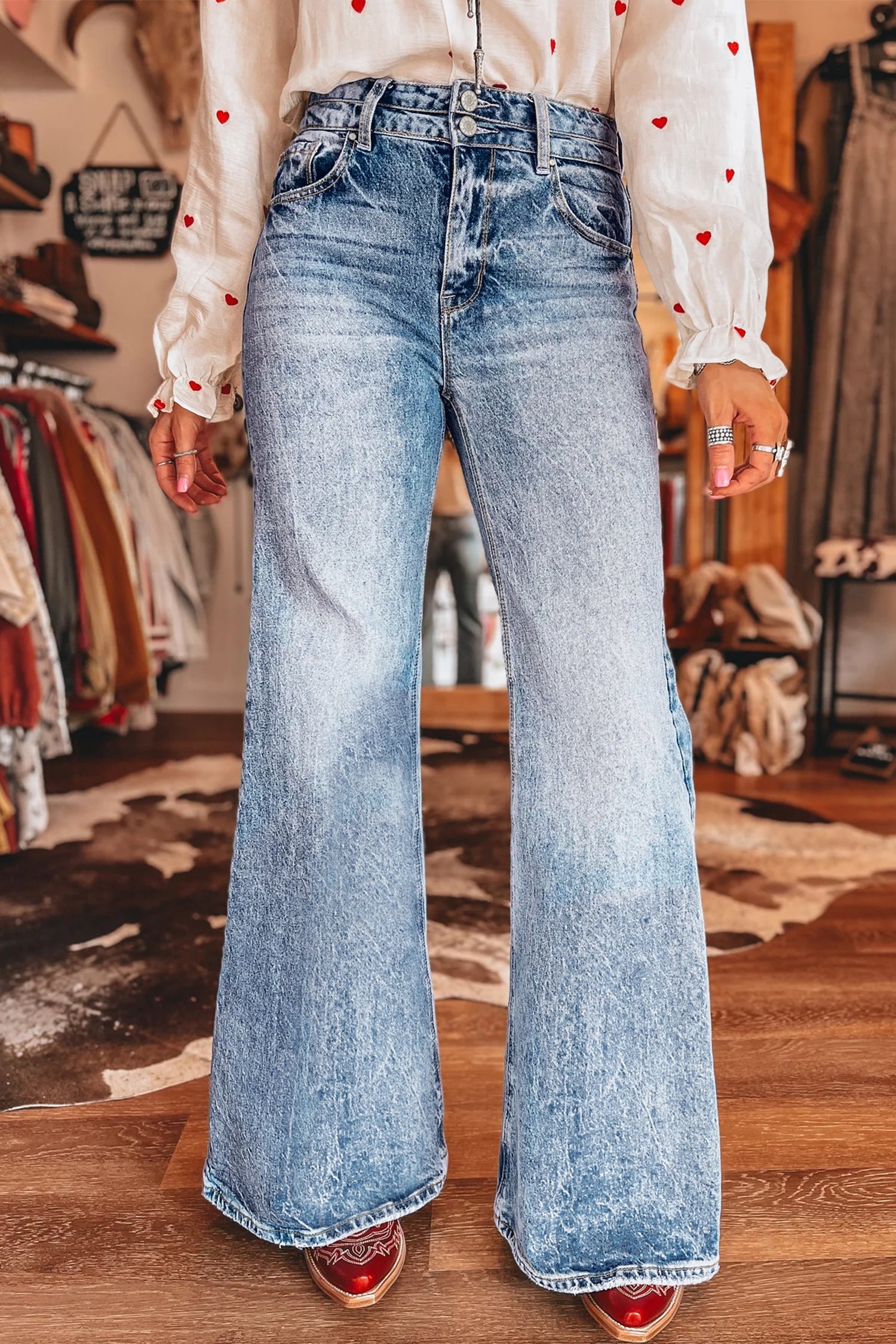Beau Blue Fashion Blue Acid Wash Pocket Detail Flare Jeans