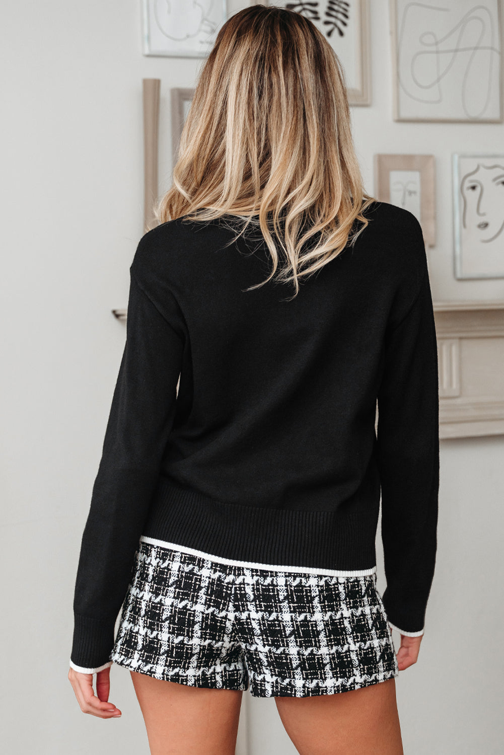 Trim Big Contrast Big Bow Accent Holiday Cropped Knit Top