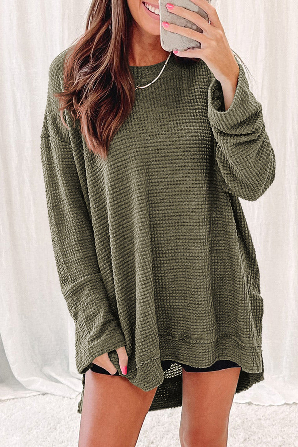 Top for Women Waffle Knitted High Slits Oversized