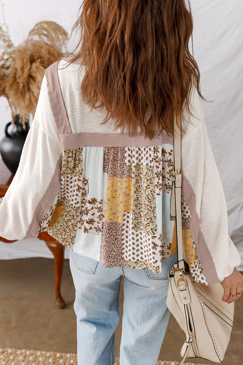 Printed Contrast Floral Contrast Patchwork Cotton Long-Sleeved Top