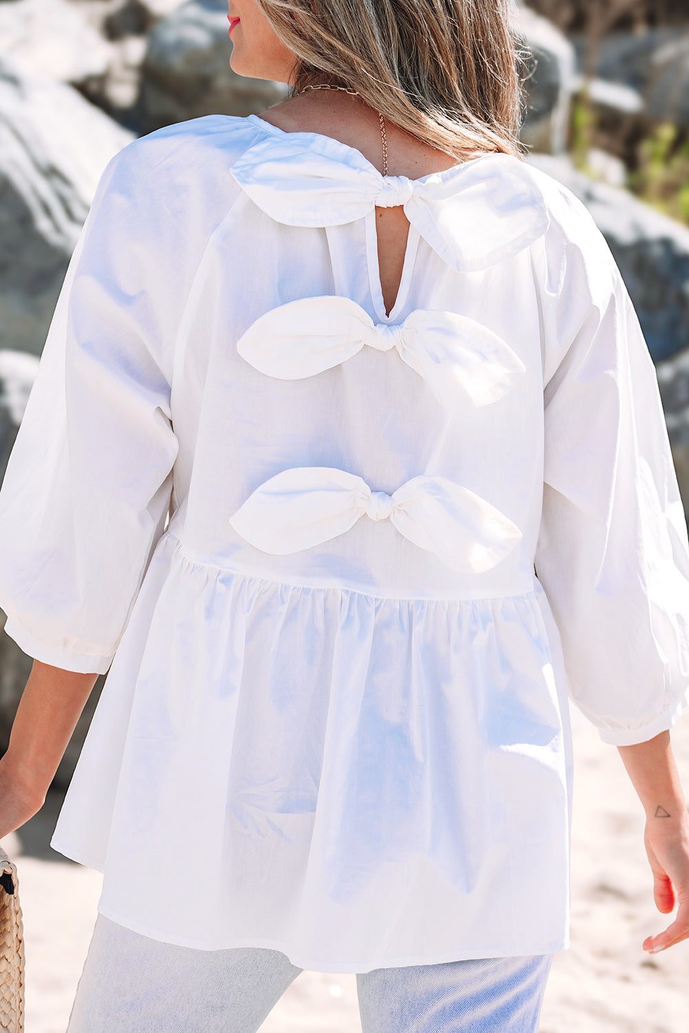 White Bow Knot Cutout Back Loose Fit Blouse