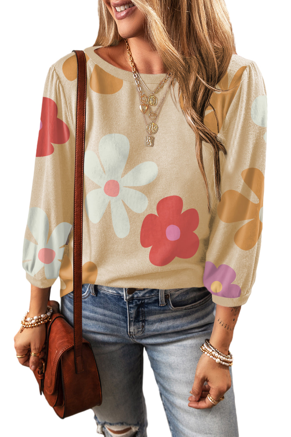 Women's Top Featuring Bracelet-Length Sleeve Cute Flower
