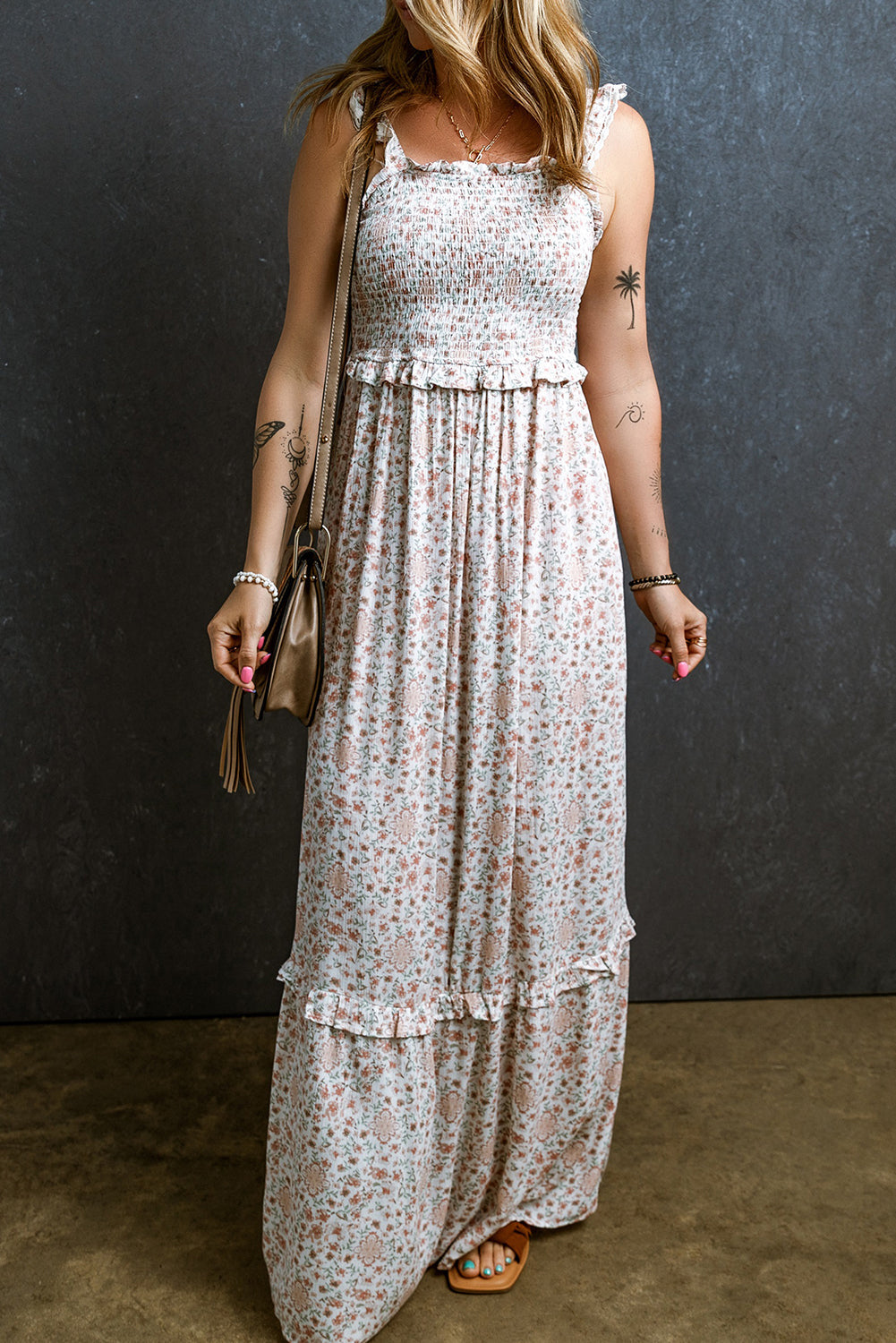 Women's Maxi Dress with Lace-Trimmed Straps Shirred Floral-Print