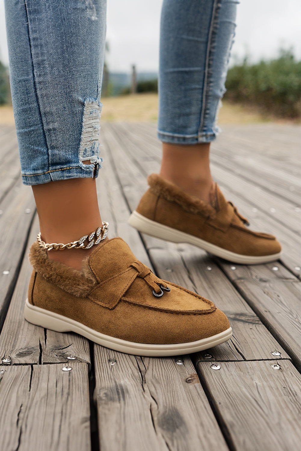 Lined Suede Furry Slip on Flat Shoes