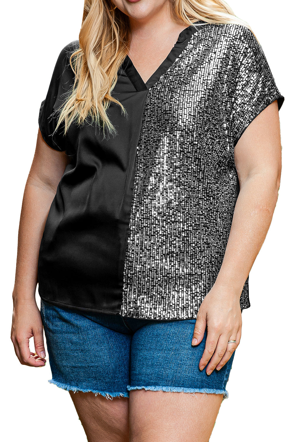 Women's Plus Size Sequined V Neck Tee