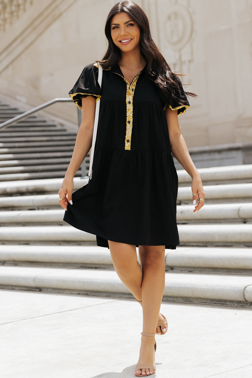 Women's Bubble Sleeve Sequin Trim Shirt Dress