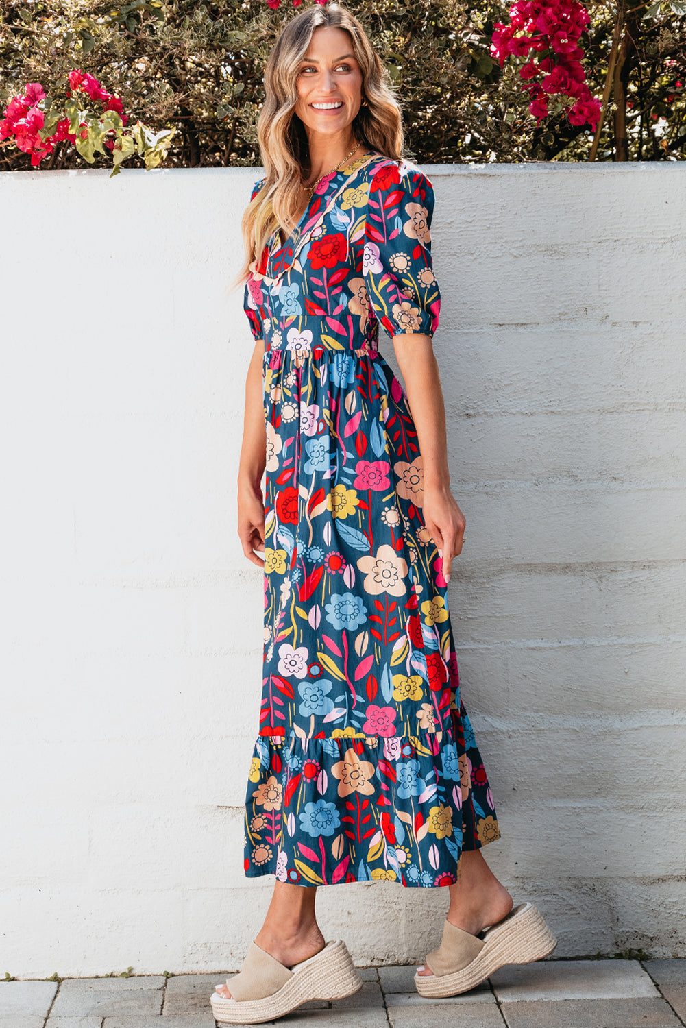 Women's Maxi Dress Featuring Retro Floral-Print Split Neck