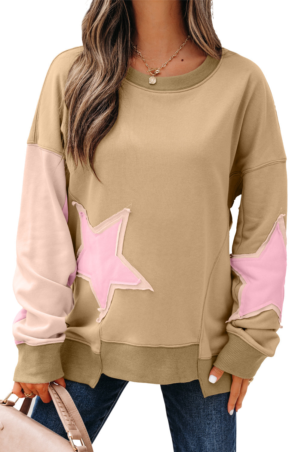 Patchwork Contrast Star Exposed Seam Uneven Hem Drop-Shoulder Sweatshirt
