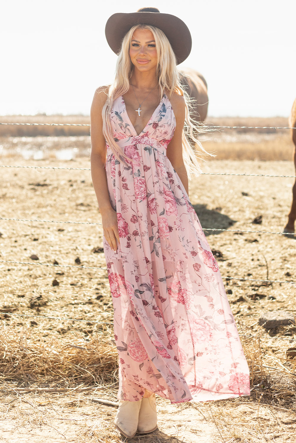 Pleated Bust Floral Bust Deep V Empire Waist Backless Maxi Dress