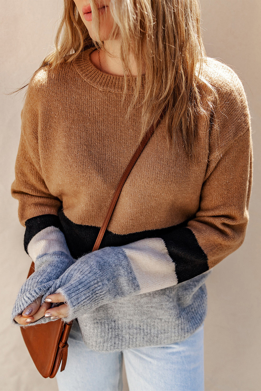 Women's Knit Sweater with Striped Rib-Knitted