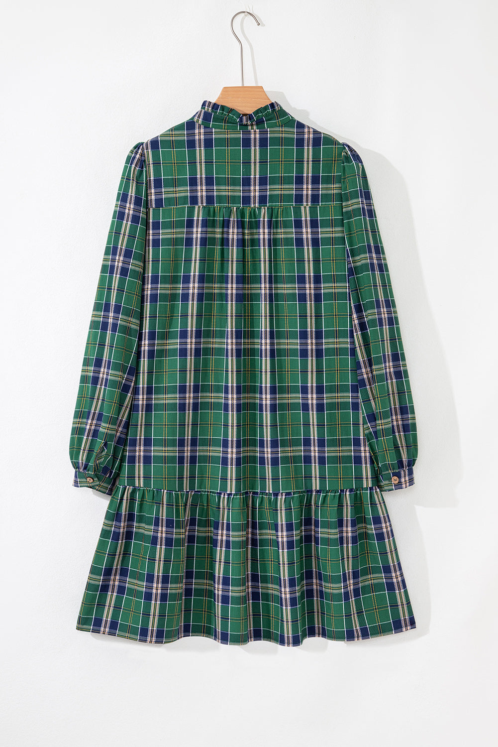 Print Frilly Plaid Frilly Collar Long-Sleeved Shift Mini Dress