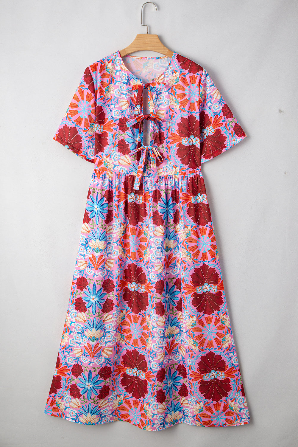 Floral Tied Front High-Waisted Short-Sleeved Loose Long Dress