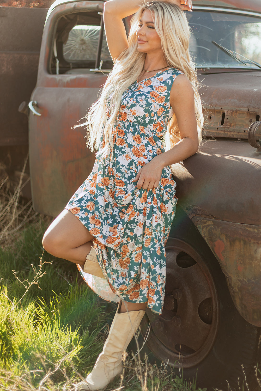 Floral Print Trimmed V Neck Tie Waist Sleeveless Holiday Long Dress