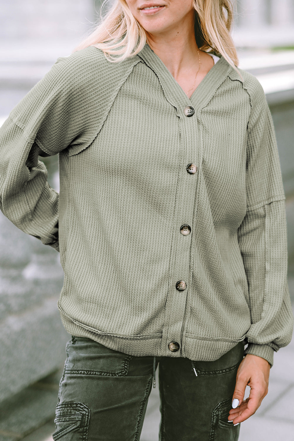 Women's Knit Cardigan with Exposed Seam Waffle