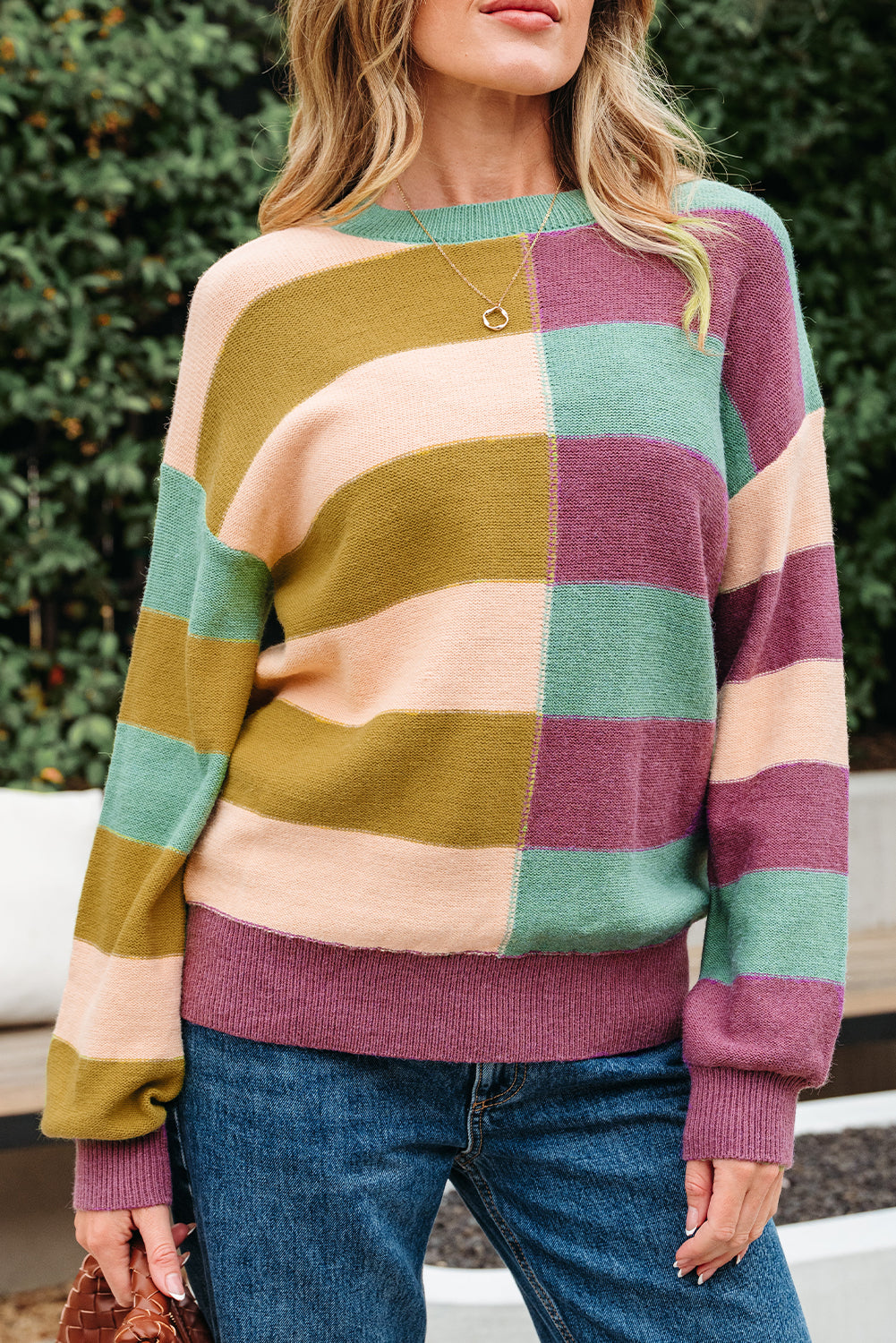 Drop-Shoulder Rib-Knit Stripe Rib-Knit Edge Everyday Knit Top in Green