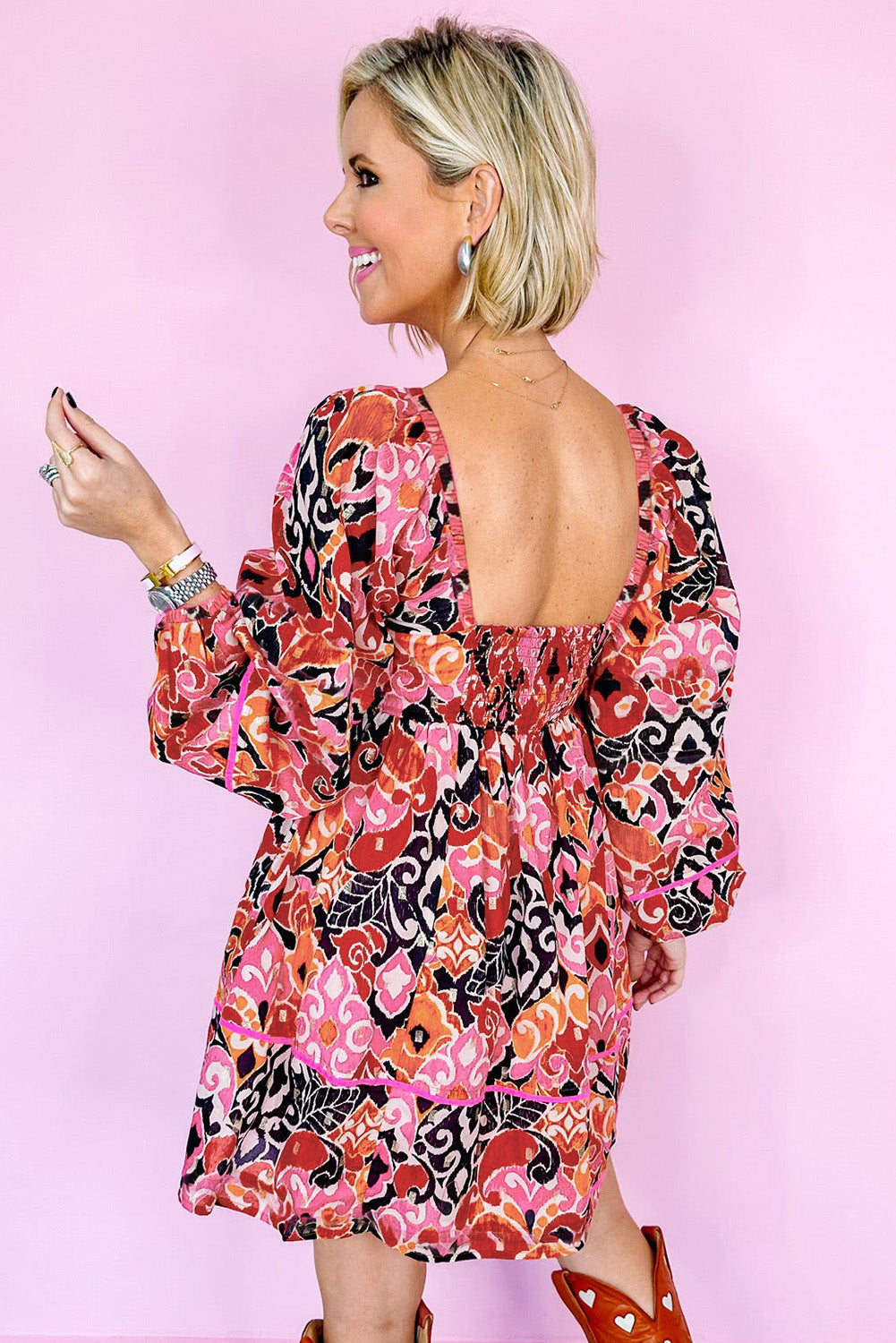 Bohemian Square Neck Puff Sleeve Mini Dress