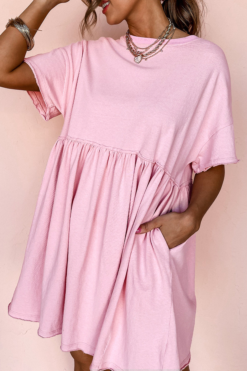 Pink Pocketed Raw Edge Babydoll Dress