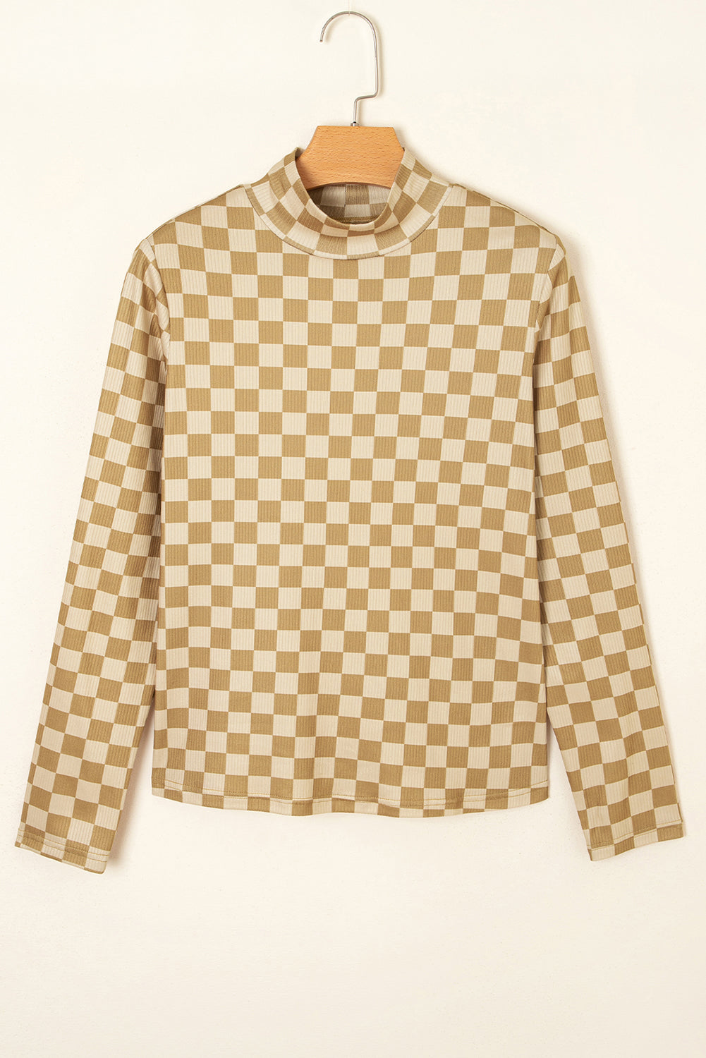 Turtleneck Check Pattern Rib-Knit Slim Long-Sleeved Tee in Khaki