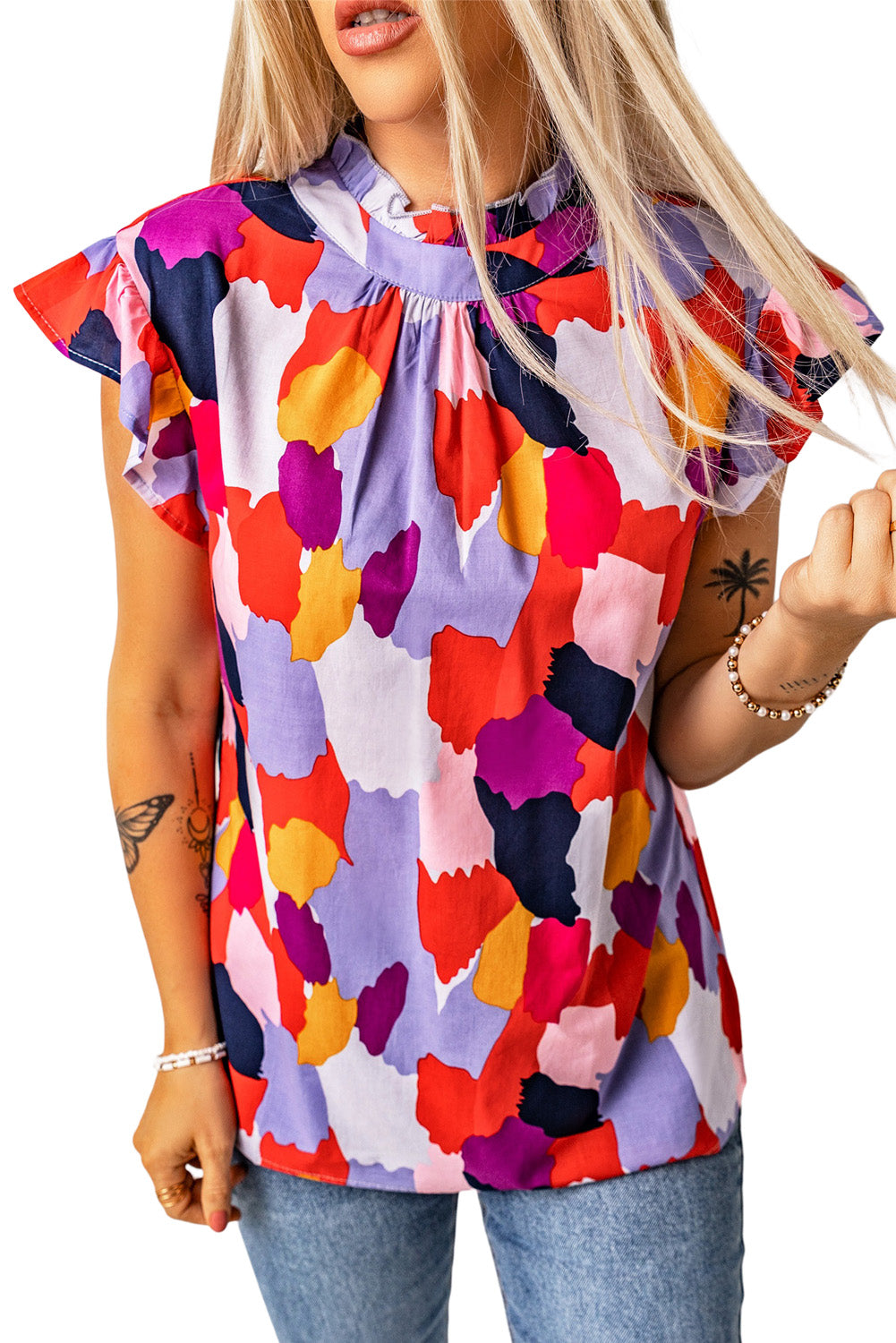 Top for Women Frill Mock Neck Ruffle-Trimmed Cap