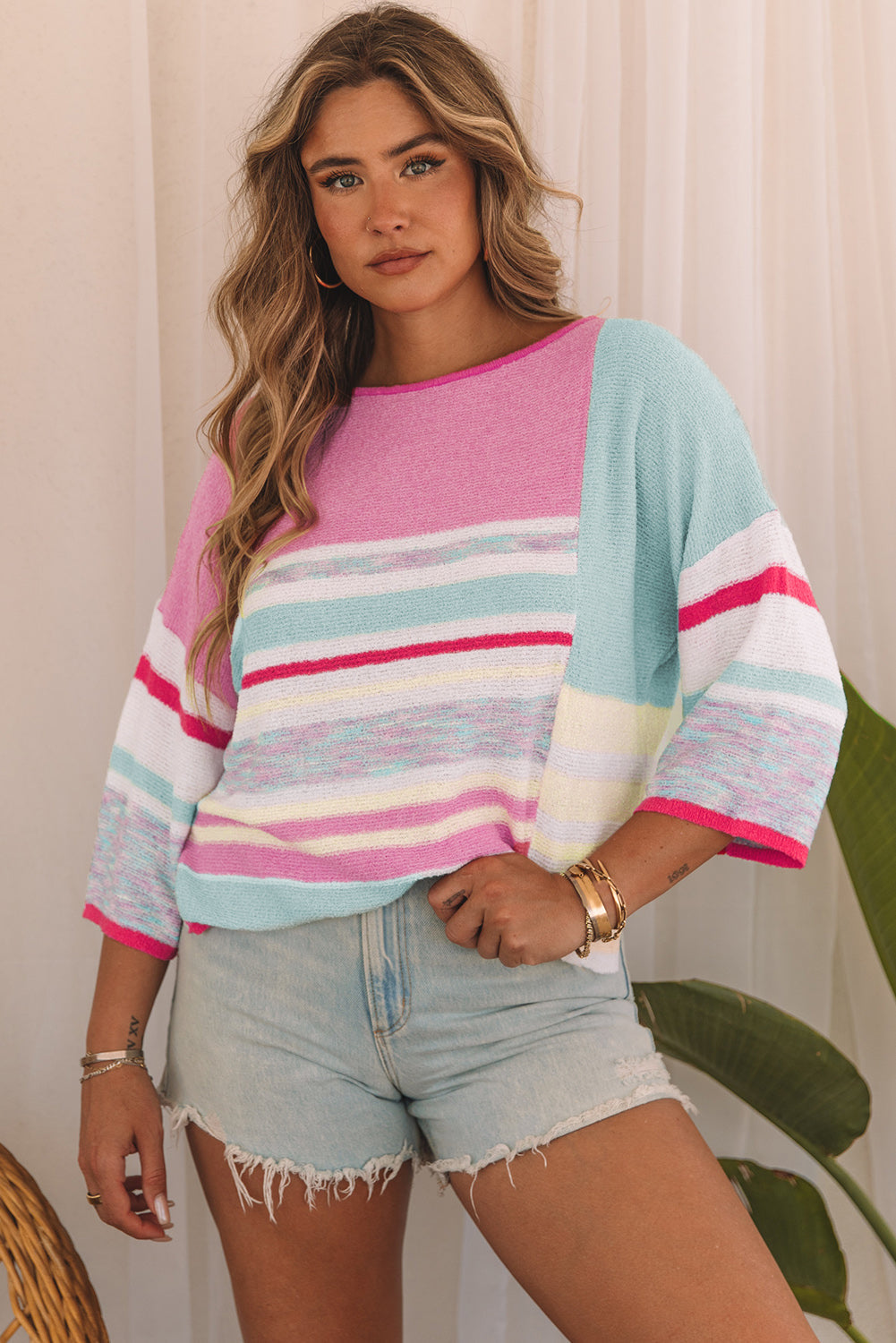 Women's Striped Three-Quarter Sleeve Knitted Top