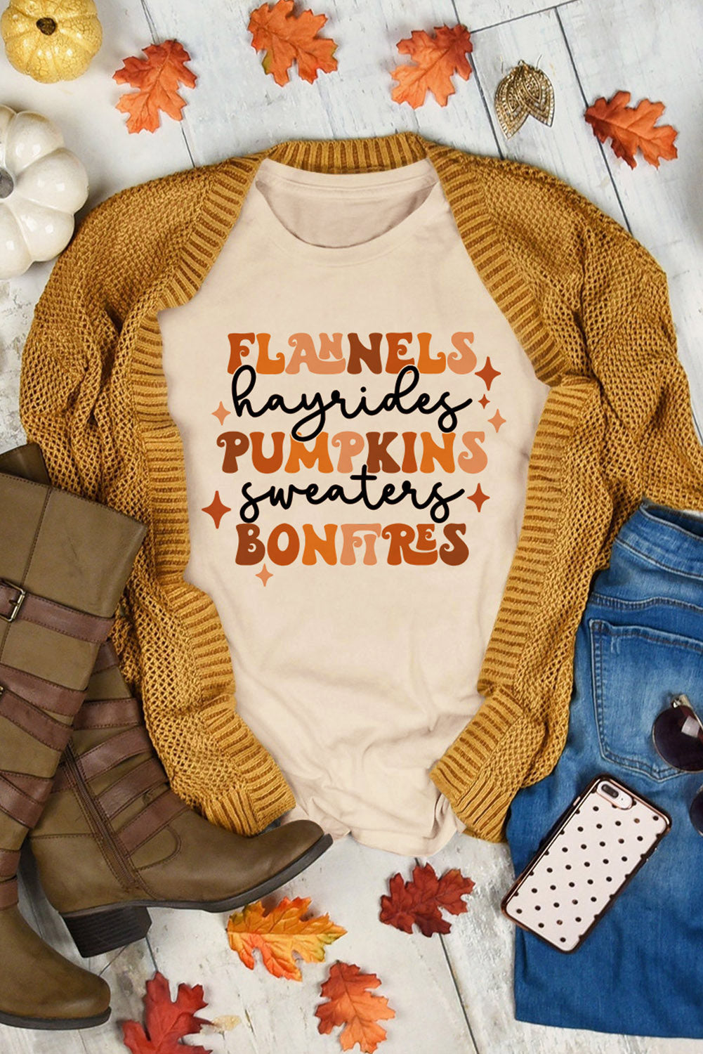 Women's Tee Featuring Bonfires Flannels Hayrides Pumpkins Sweaters