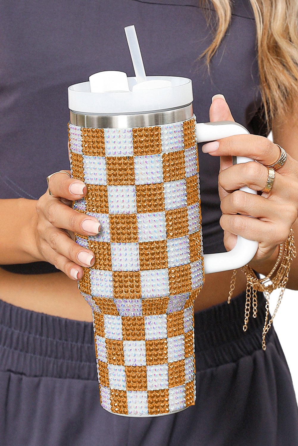 Rhinestone Checkerboard Full Checkerboard Handled Tumbler 40oz