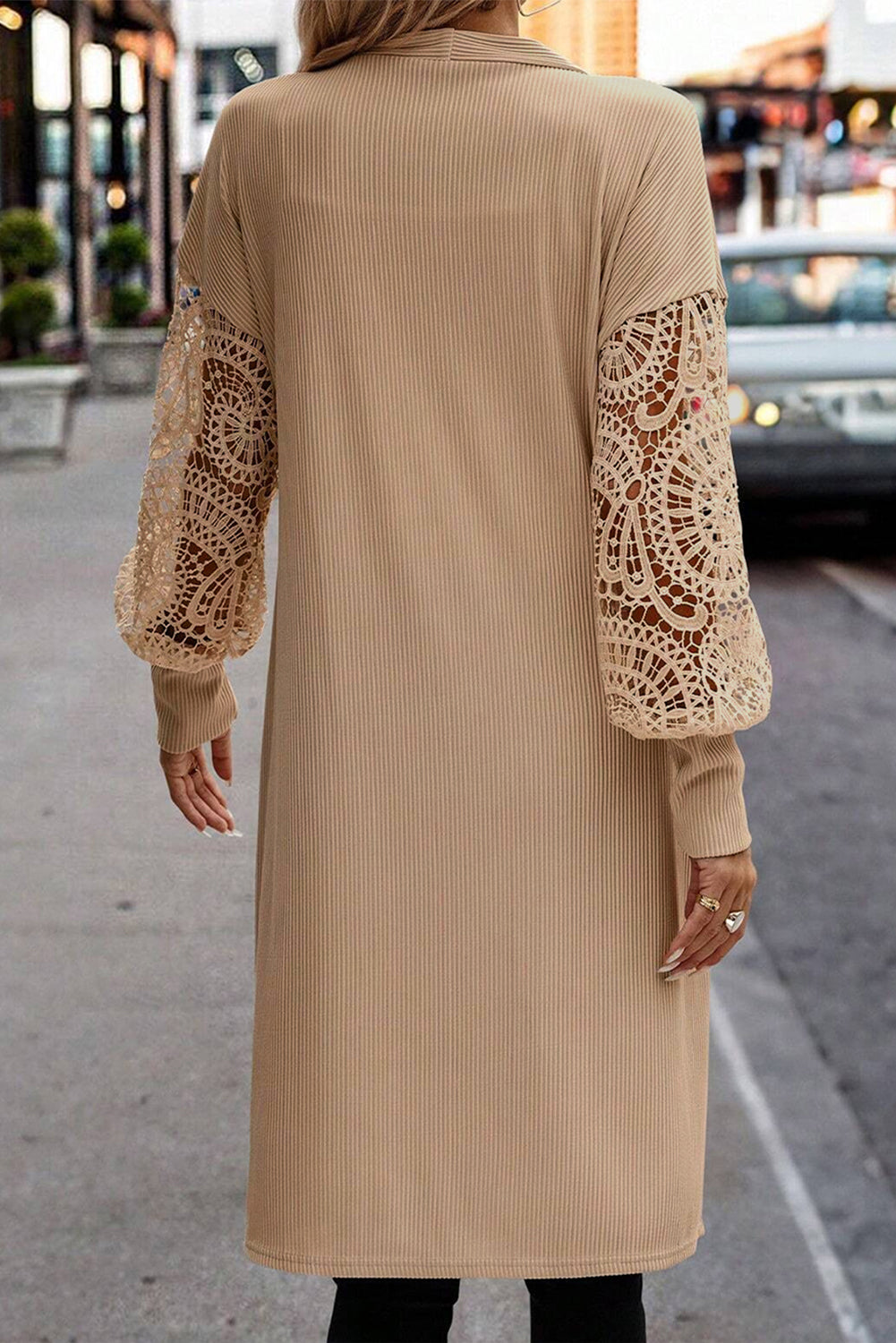 Rib-Knit Lace Patchwork Knit Open-Front Duster Cardigan in Parchment