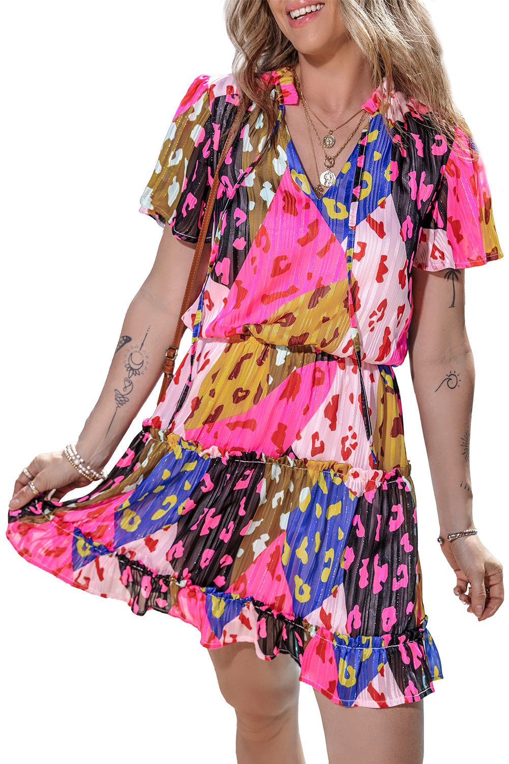 Women's Layered Ruffle-Trimmed Short-Sleeve Mini Dress