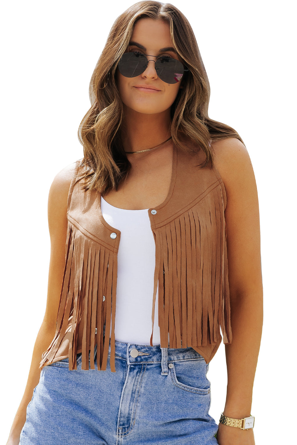 Women's Vest with Fringed Snap Suedette