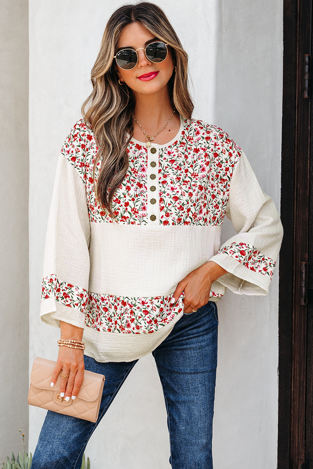 Patchwork Floral-Print Gauze Henley Button 3/4 Sleeve Blouse