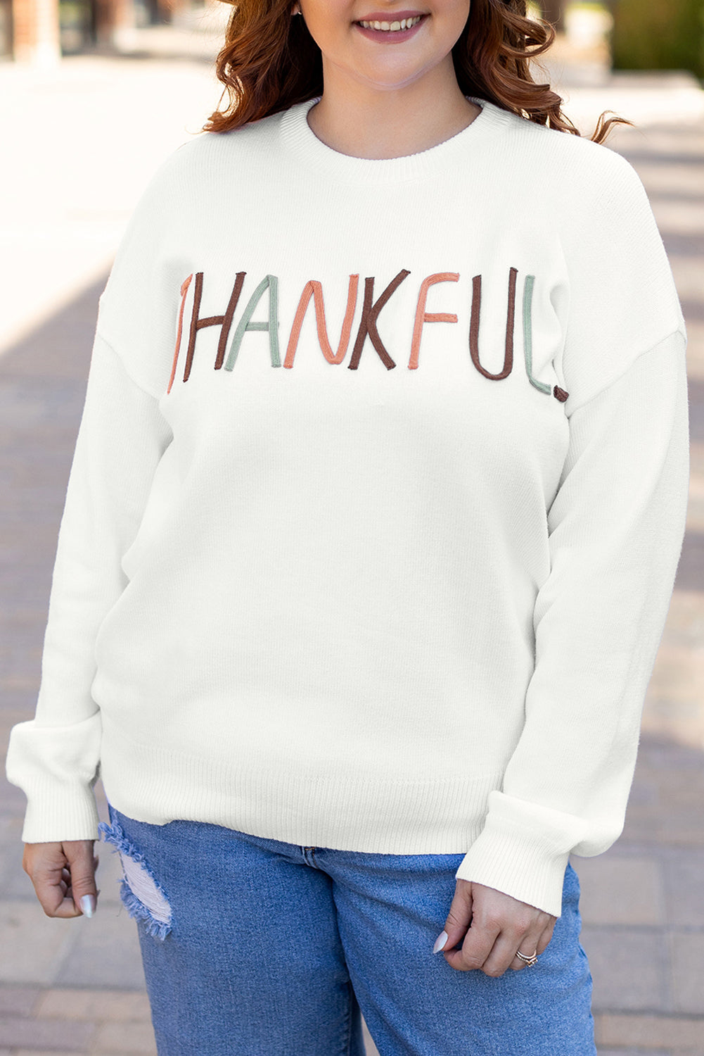 Plus Size Thankful Ivory Embroidered Sweater