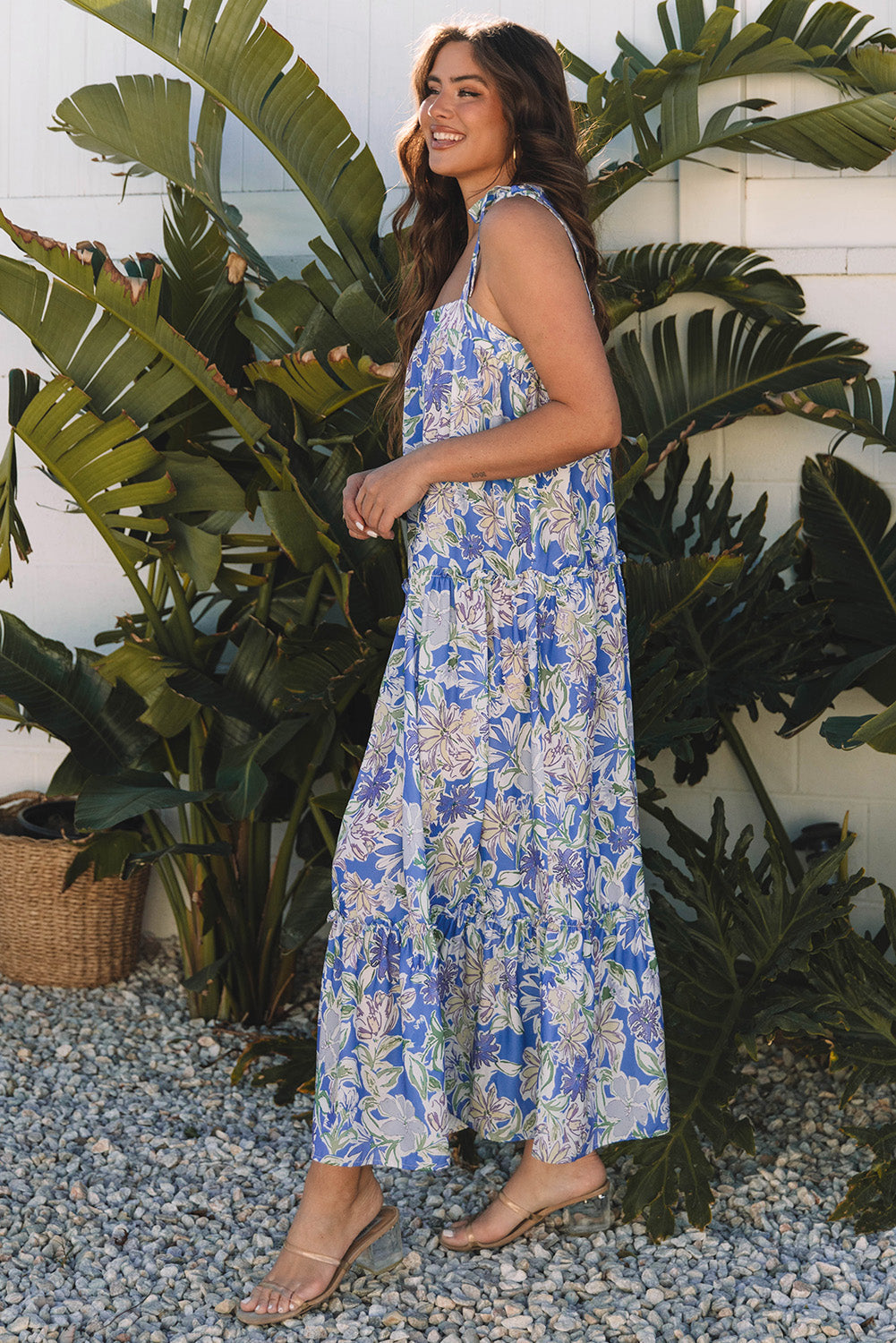 Floral Print Self-tie Straps Flowy Ruffle Long Dress