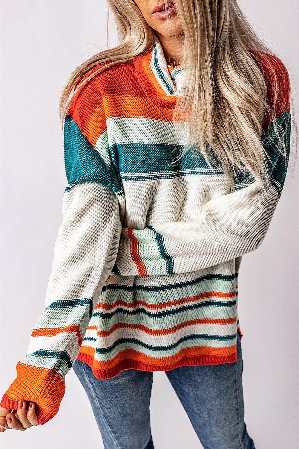 Knit Sweater for Women Cowl Neck Color-Block
