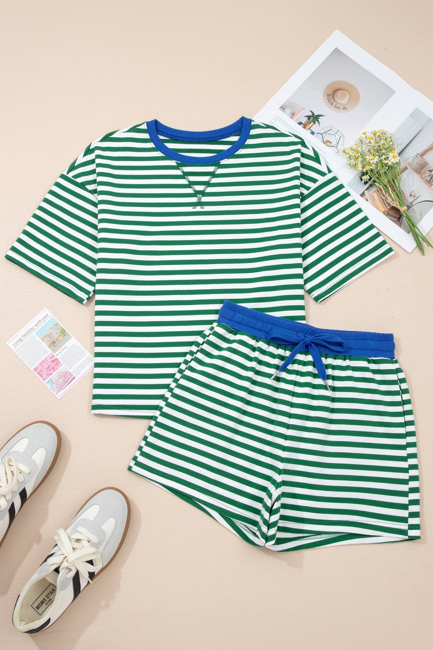 Stripe Drop-Shoulder Boxy Everyday Terry Short Set in Green