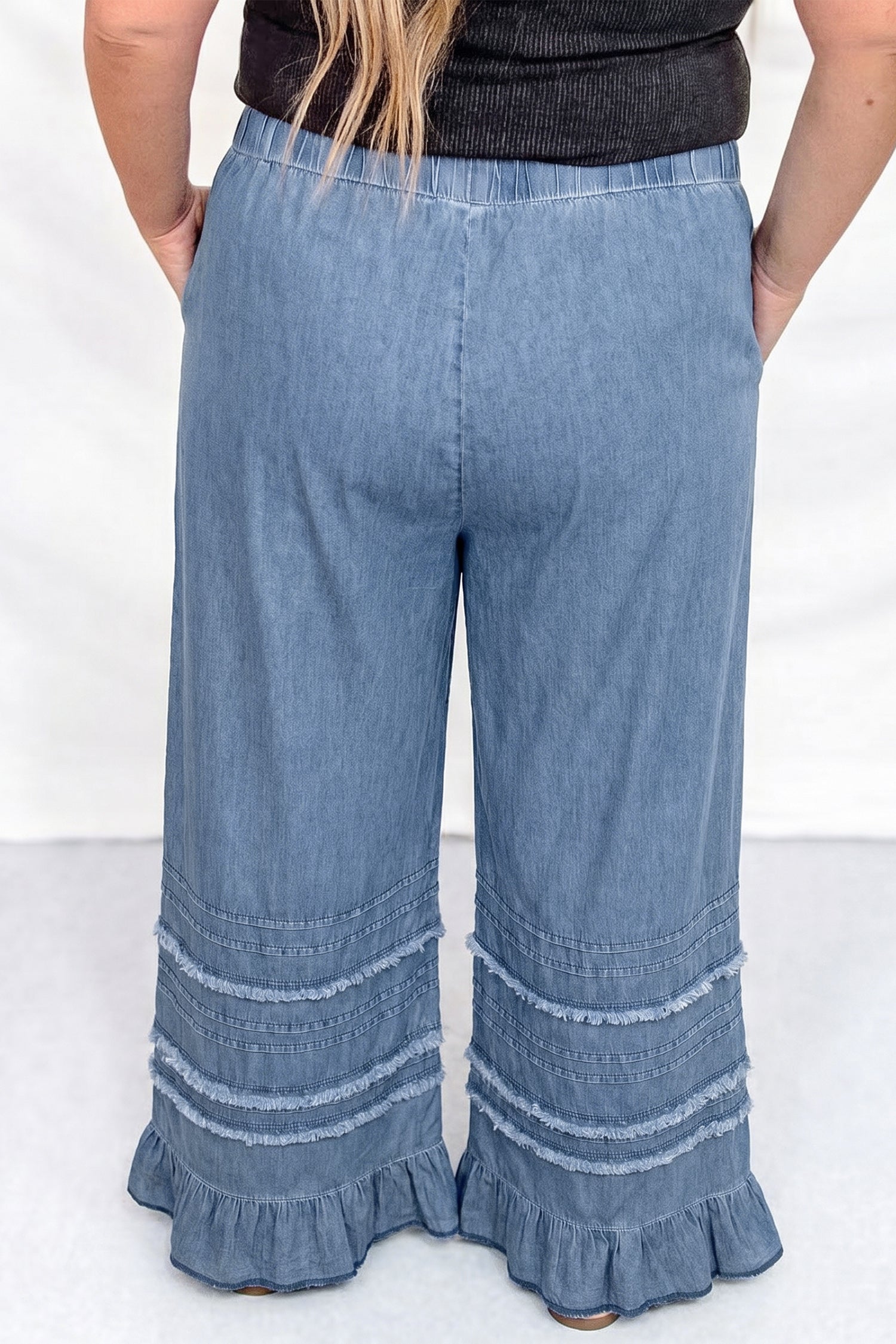 Dusk Plus Blue Ruffled Size Wide-Leg Denim Pants