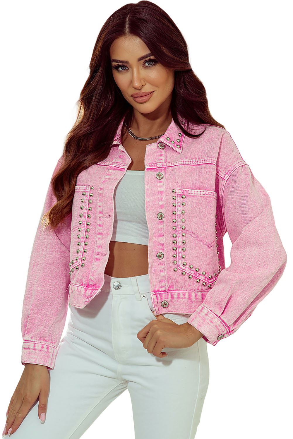 Women's Denim Jacket Featuring Rivet Studded